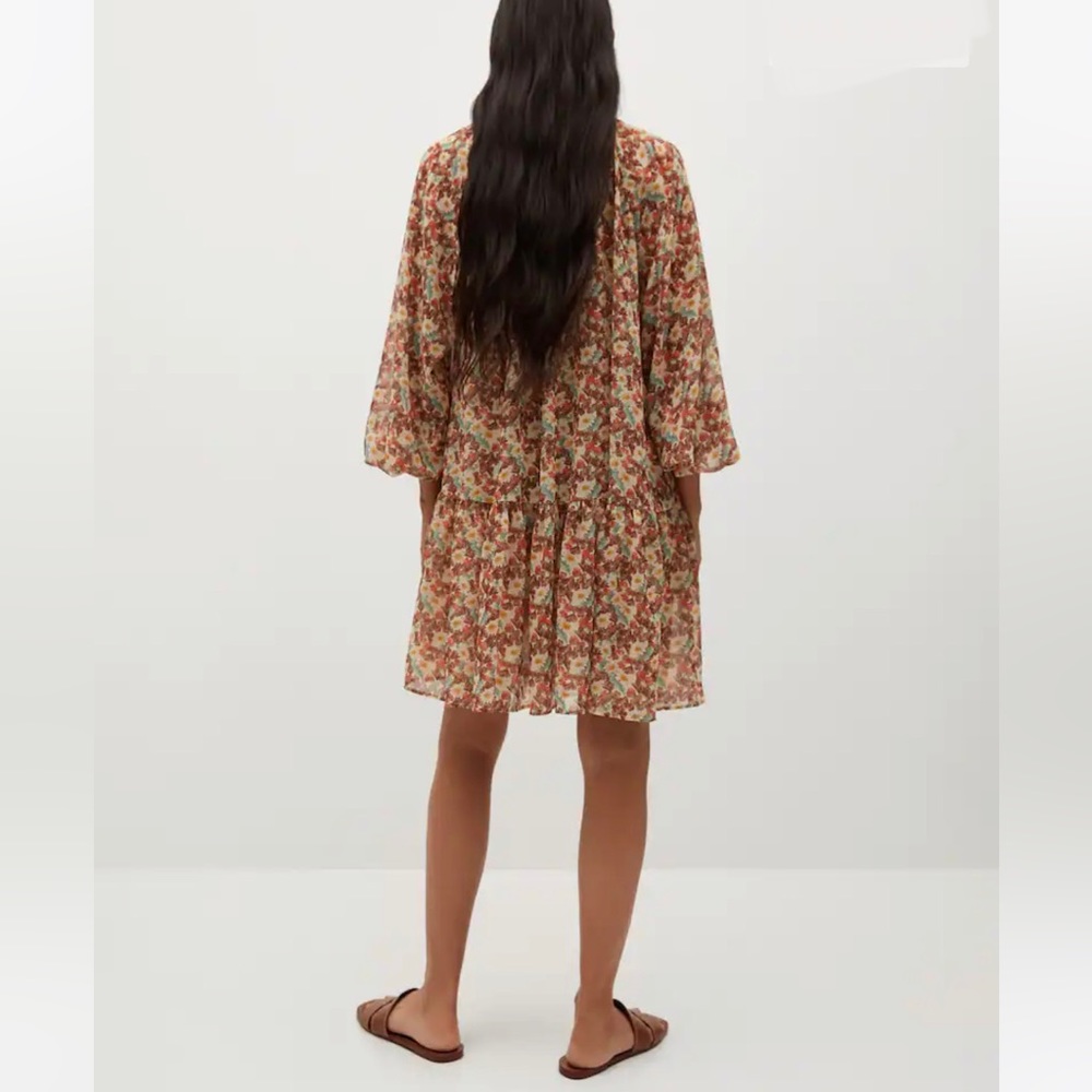 Mango Floral Tiered Long-Sleeve Mini Dress in Cream and Rust - Picture 2 of 3